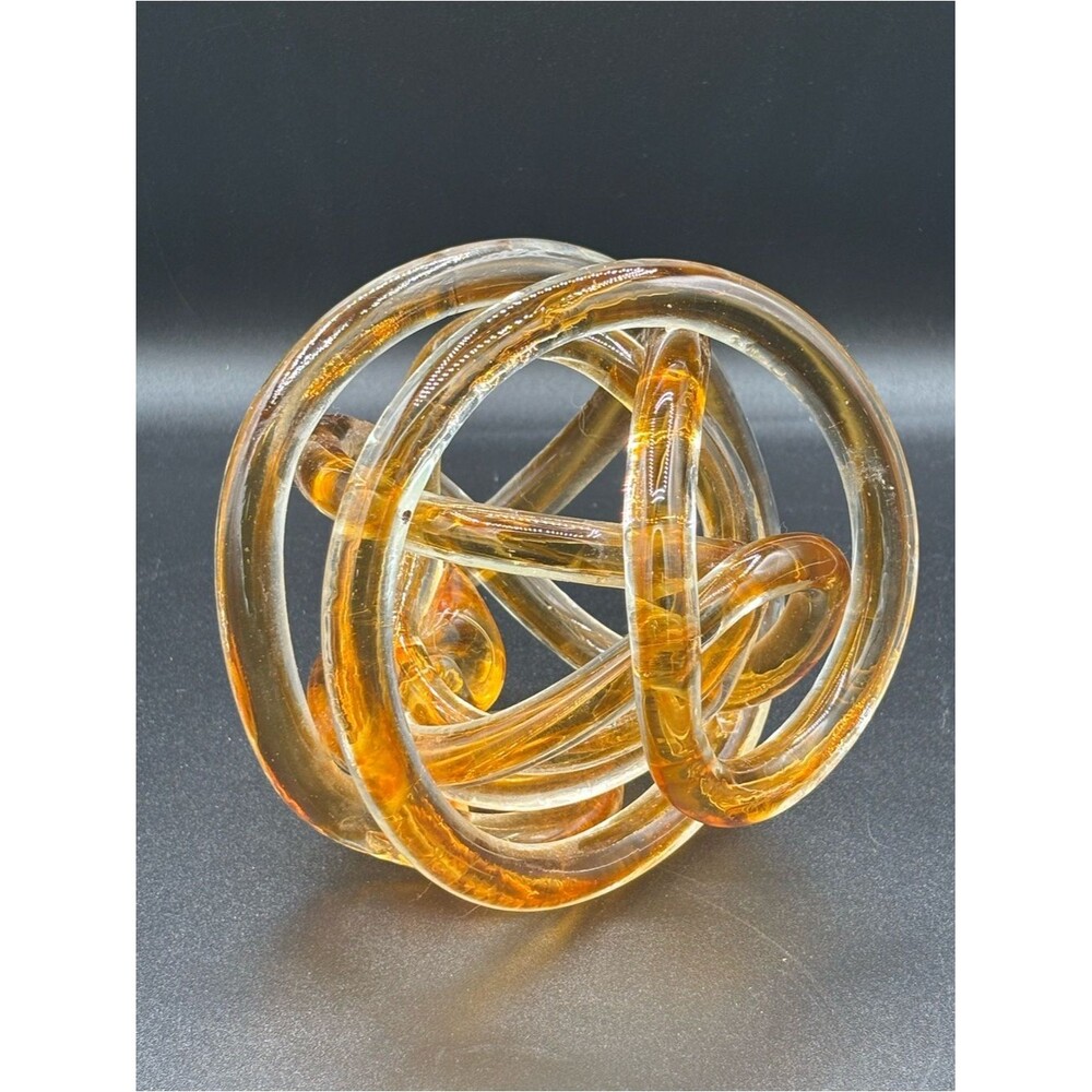 Vtg Blown Art Glass Amber Colored Infinity Knot Sculpture Paperweight 6”